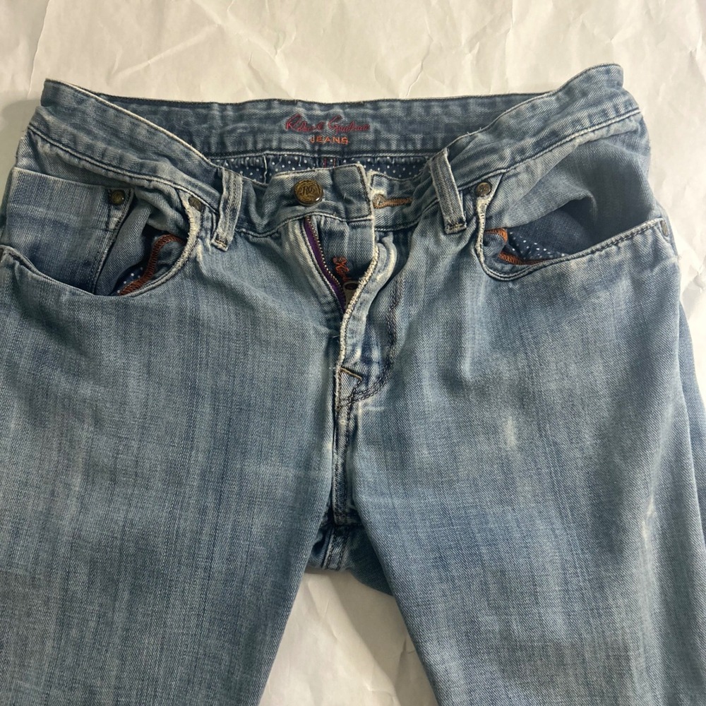Robert Graham Mens Slim Jim Jeans Light Wash Distressed Paint Denim 32x32 Italy